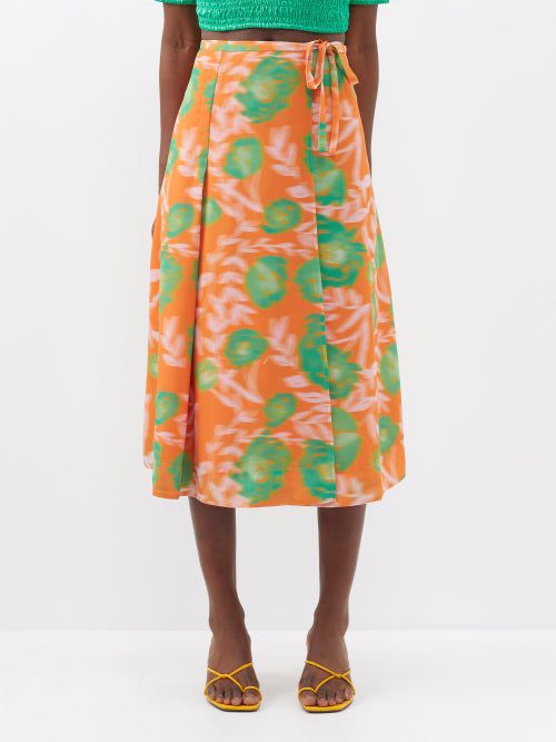 Blurred floral-print crepe wrap skirt